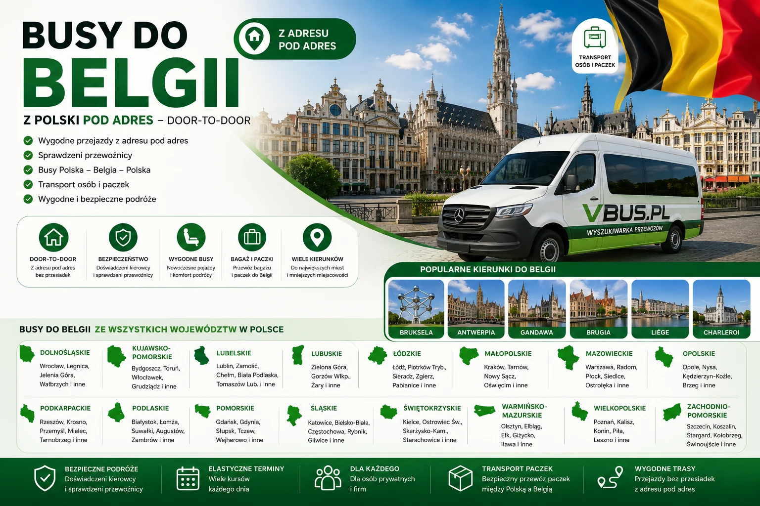 Busy do Belgii z Polski – przewozy door to door, transport osób i paczek, wyszukiwarka przewozów VBUS.PL
