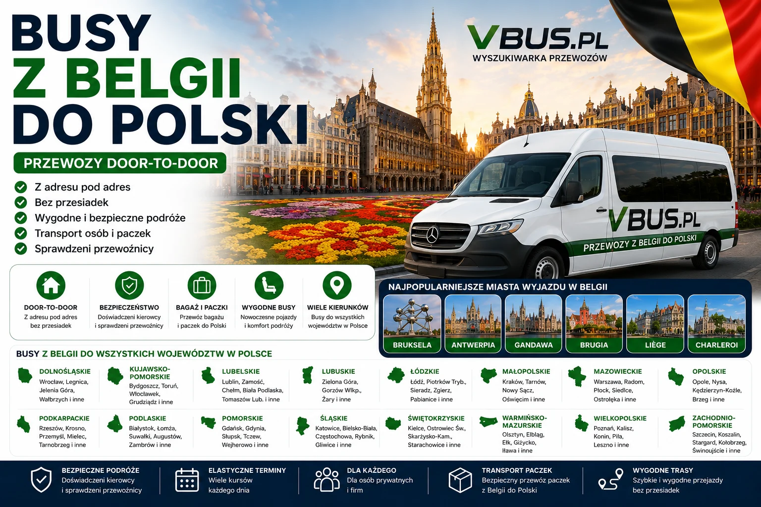 Szukasz sprawdzonego busa z Belgii do Polski? VBUS.PL pomaga znaleźć przewozy powrotne z największych belgijskich miast, takich jak Bruksela, Antwerpia, Gandawa, Brugia, Liège, Charleroi, Leuven, Namur, Kortrijk, Hasselt, Mechelen i Ostenda. Przewozy realizowane są w systemie door-to-door, dzięki czemu pasażer odbierany jest spod wskazanego adresu w Belgii i dowożony bezpośrednio pod adres w Polsce. Wyszukiwarka obejmuje wszystkie 16 województw w Polsce oraz umożliwia znalezienie transportu osób, paczek i bagażu na trasach Belgia – Polska. To wygodne rozwiązanie dla osób wracających z pracy, kontraktu, urlopu lub odwiedzin u rodziny. Transport realizowany jest bez przesiadek, z możliwością przewozu bagażu oraz paczek.
